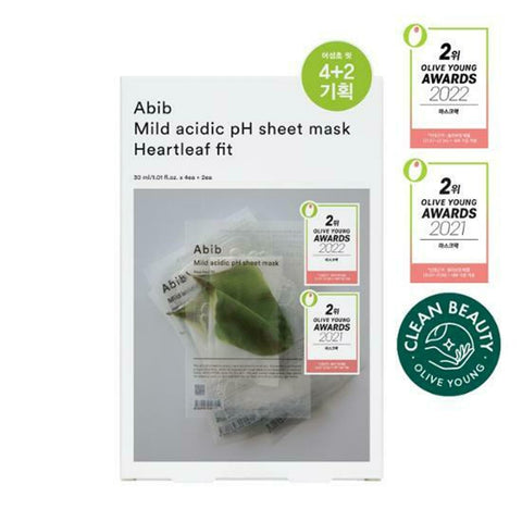 ★2022 Awards★ Abib Mild Acidic pH Mask Sheet Heartleaf Fit Set (4+2 Sheets) 